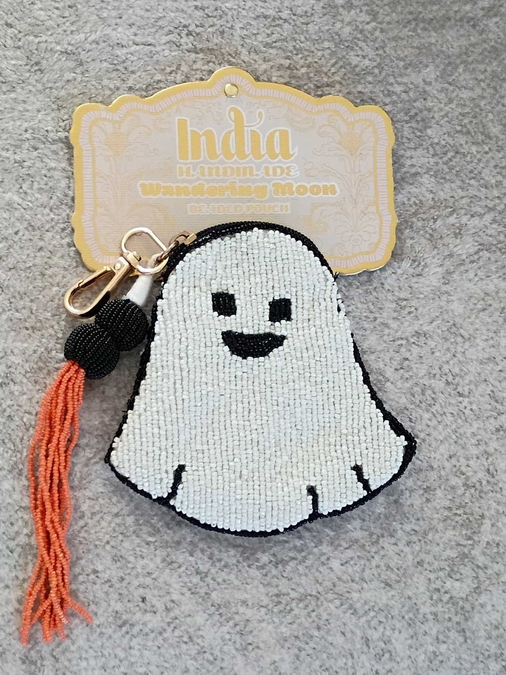 Handmade White Ghost Beaded Keychain with Orange Tassel